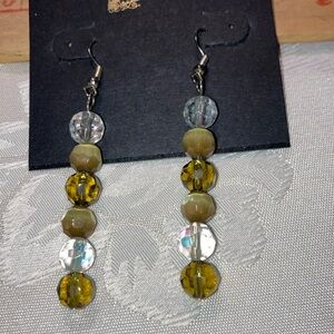 EARRINGS 2 1/2” long w/6 plastic faceted beads, greenish grey.  $10